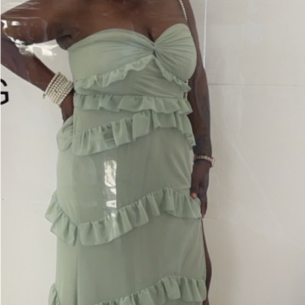 Boohoo Strapless Mint Ruffle Dress